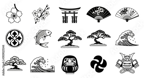 Japanese culture icons set, traditional symbols vector