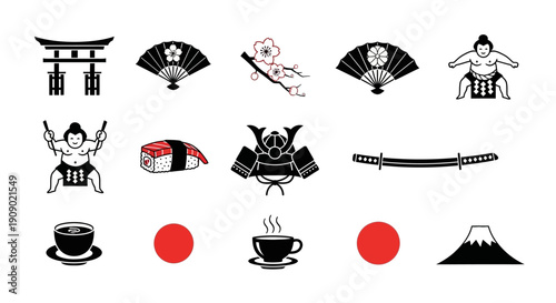 Japanese culture icons set. Traditional symbols vector illustration.
