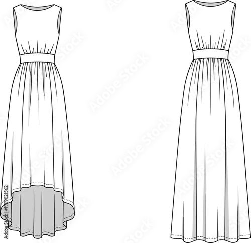 Women sleeveless long dress technical fashion illustration showing front and back views, elegant maxi dress outline isolated on white background for apparel design concepts