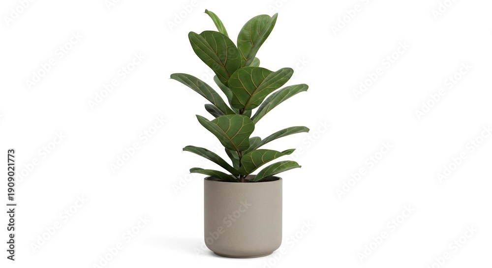 Fototapeta premium A fiddleleaf fig plant sits in a rounded grey pot on a plain white surface