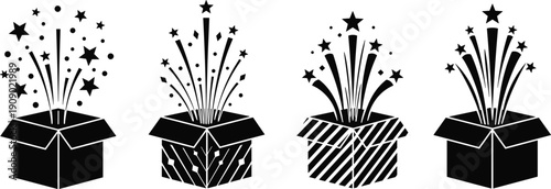 Collection of black surprise box silhouettes featuring star fireworks and magic celebration elements exploding from open gift packages isolated on white background for vector.