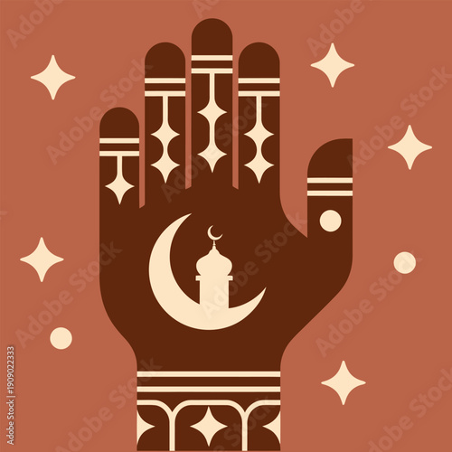 Mystical hand symbolizing spirituality and inner peace with celestial elements