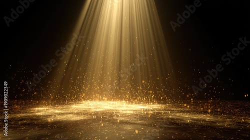 Elegant golden light rays falling onto a glittering stage floor with particles