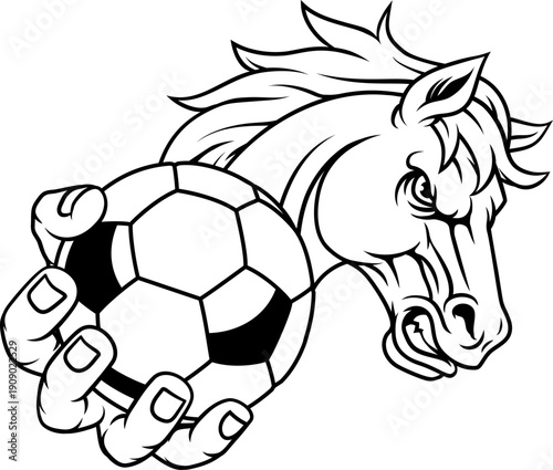Horse mustang bronco stallion soccer football angry sports team mascot holding a ball.