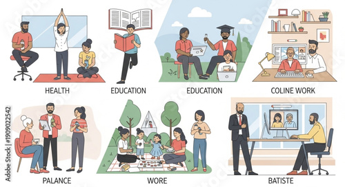 Diverse people engaged in various activities like health education and work.