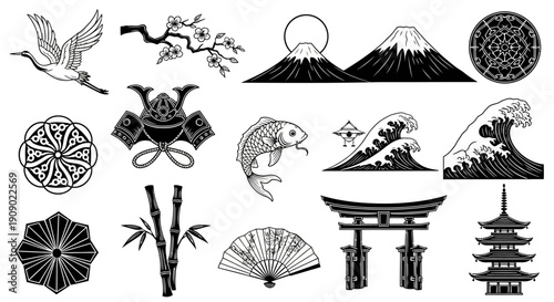 Japanese culture icons vector set, traditional symbols