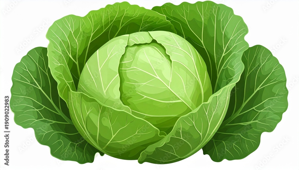 Fototapeta premium Fresh Green Cabbage Head with Leaves.