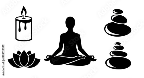Meditation and Zen: Silhouette with Candle, Lotus, Stones