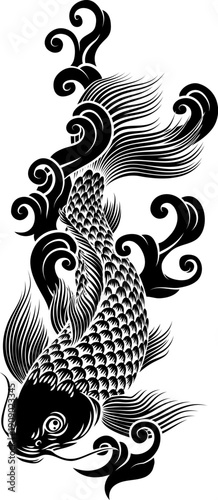 A koi carp coy fish. An original illustration in a vintage Japanese woodcut art style.