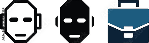 Set of three simple icons representing a stylized robot face and a business briefcase