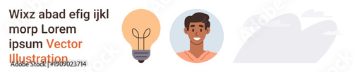 Innovation, creative ideas, personal development, brainstorming, teamwork, conceptual art. A lightbulb, smiling individual and abstract shapes. Innovation and creative ideas visualization