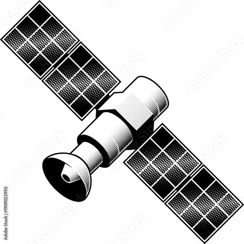 A satellite in a vintage retro halftone style. Space technology concept