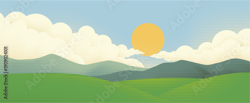 Sun and clouds sky over a mountain range. Original illustration of the sun rising with clouds in the sky in a vintage halftone dots pointillism retro style
