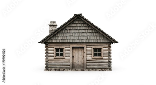 Frontal view of a log cabin with a shingle roof and stone chimney set against a white backdrop