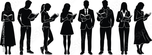 Diverse people reading books silhouette set, students and professionals studying isolated on white background vector illustration