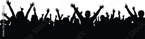 Excited crowd silhouette with raised hands at live concert, cheering audience group isolated on white background vector illustration