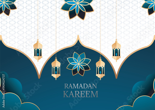 Elegant ramadan kareem banner featuring floral patterns and golden hanging oil lamps