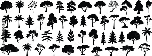 Collection of tree silhouettes set, isolated on white background, various forest and tropical tree types illustration pack