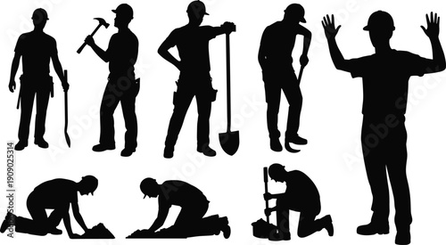 Construction worker silhouette collection, builder with tools digging hammer and shovel isolated on white background for industrial design, labor concept illustration