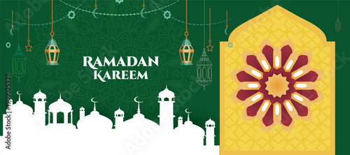 Ramadan kareem islamic greeting with lanterns and mosque silhouette on green background