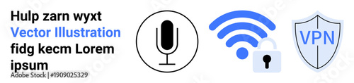 Cybersecurity, remote work, digital privacy, internet protection, communication tools, secure connection. Microphone, wireless lock and VPN shield icons. Cybersecurity and digital privacy concept