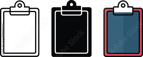Set of three different clipboard icons with varying styles and colors representing different designs