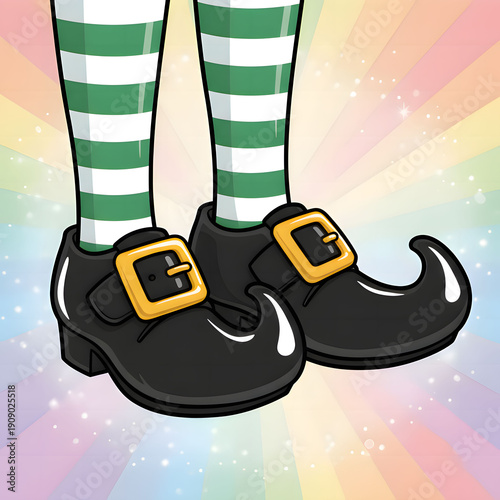 Vibrant elf shoes with gold buckles on colorful background St. Patrick's Day