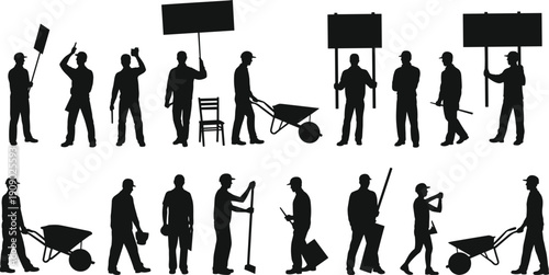 Construction workers silhouette set with tools and protest signs, laborers standing, working and demonstrating poses isolated on white background industry concept