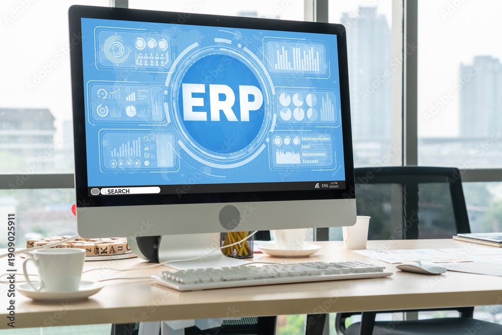Naklejka premium ERP enterprise resource planning software for modish business to plan the marketing strategy