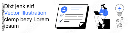 Digital work, online collaboration, productivity, innovation, idea generation, digital organization. A person working on a laptop next to documents and a lightbulb icon. Digital work and online