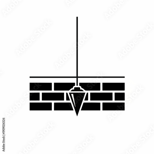 Minimalist black and white icon of a horizontal masonry line integrated with a hanging plumb bob for bricklaying and construction alignment