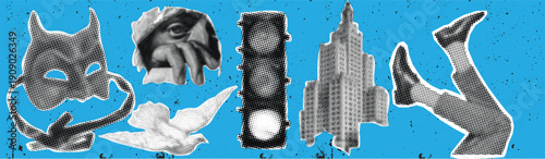 Surreal Urban Collage Featuring Devil Mask, Human Eye, Traffic Light, Skyscraper, Jumping Legs, and White Dove on Bright Blue Background