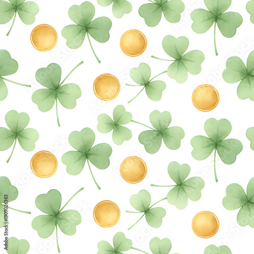 Vibrant shamrocks and gold coins on white background for St. Patrick's Day St. Patrick's Day