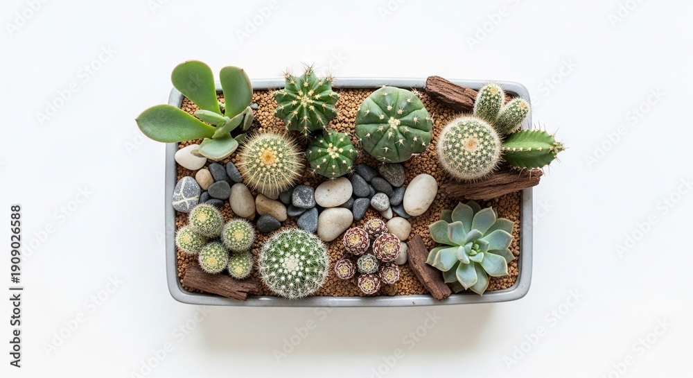 Fototapeta premium Rectangular planter features various cacti succulents pebbles wood fragments