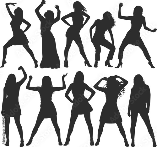 Dancing women silhouettes collection, female dance poses, party movement, stylish girls dancing, nightlife energy, isolated black vector illustration for design projects use