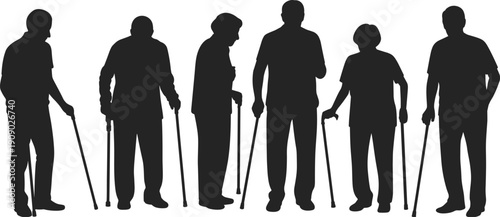 Elderly people walking with cane silhouette collection, senior men and women standing poses outline set isolated on white background for design projects