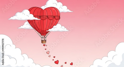 Wallpaper Mural A whimsical heart-shaped hot air balloon floating among soft clouds with falling hearts Torontodigital.ca