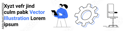 Business operations, corporate processes, technology solutions, workplace setup, office workflow, and industrial ideas. Person holding a tablet, gear and office chair. Business operations