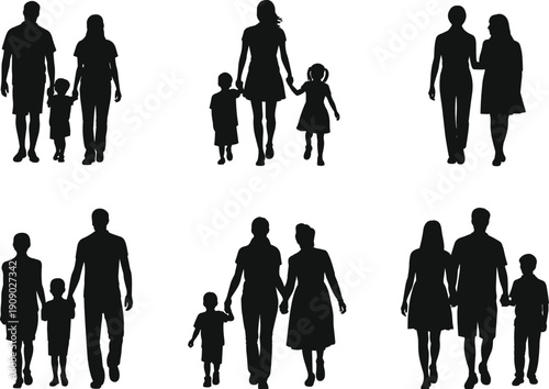 Family silhouettes walking together isolated on white background, parents and children holding hands, happy family lifestyle concept for design and illustration