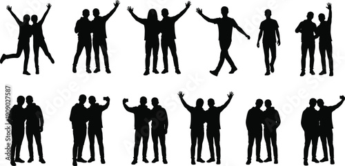 Large collection of black male silhouettes featuring friends and couples posing, waving, and taking selfies isolated on white background for social interaction design projects.