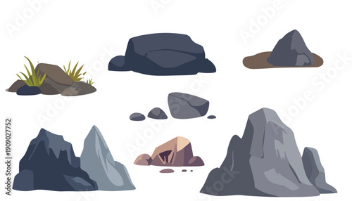 Diverse collection of natural earth elements, featuring various shapes and sizes of grey and dark rocks and stones, ideal for realistic or stylized landscape and environmental design projects