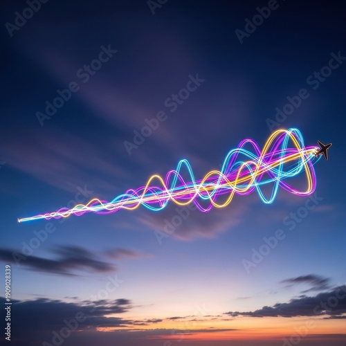 Colorful Light Trails in Night Sky with Soft Clouds and Horizon