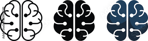 Three stylized brain icons showing different illustration styles with connected nodes and pathways