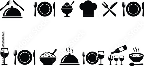 Restaurant and food icon set with plate, cutlery, chef hat, wine glass and serving cloche isolated on white background vector