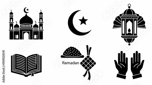 Islamic cultural symbols collection mosque crescent moon lantern holy book ketupat prayer hands.
