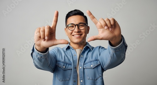 Wallpaper Mural Smiling man framing face with hands against plain background Torontodigital.ca