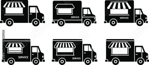 Large collection of food truck silhouettes featuring various mobile kitchen designs and street service van icons isolated on white background for catering vector illustration.