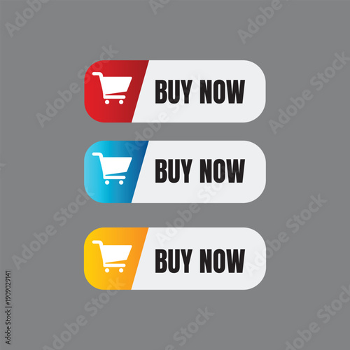 A colorful set of buy now buttons with shopping carts on a gray background for e-commerce
