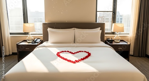 Wallpaper Mural Romantic hotel room with heart-shaped rose petal arrangement on a neatly made bed Torontodigital.ca