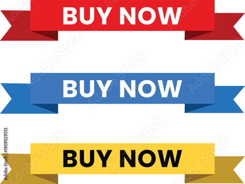 A colorful set of buy now ribbons in red, blue, and yellow on a white background